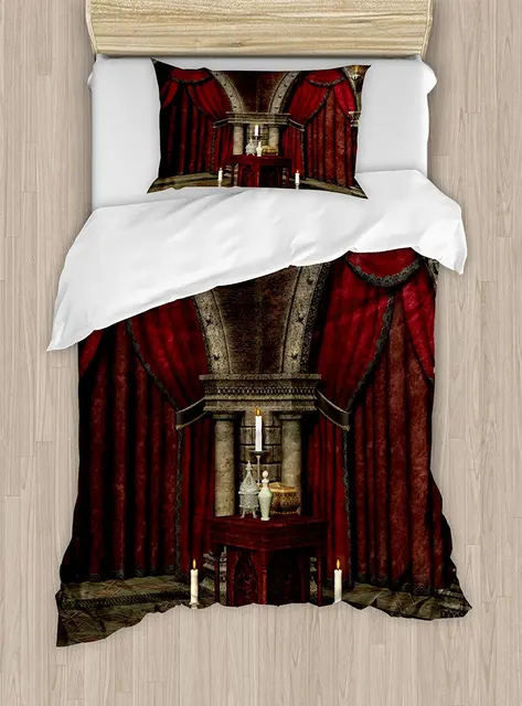 Gothic Duvet Cover Set Mysterious Dark Room In Castle Ancient Gothic Duvet Cover Set Mysterious Dark Room In Castle Ancient Pillars Candles Spiritual Atmosphere Pattern 4 Piece Bedding