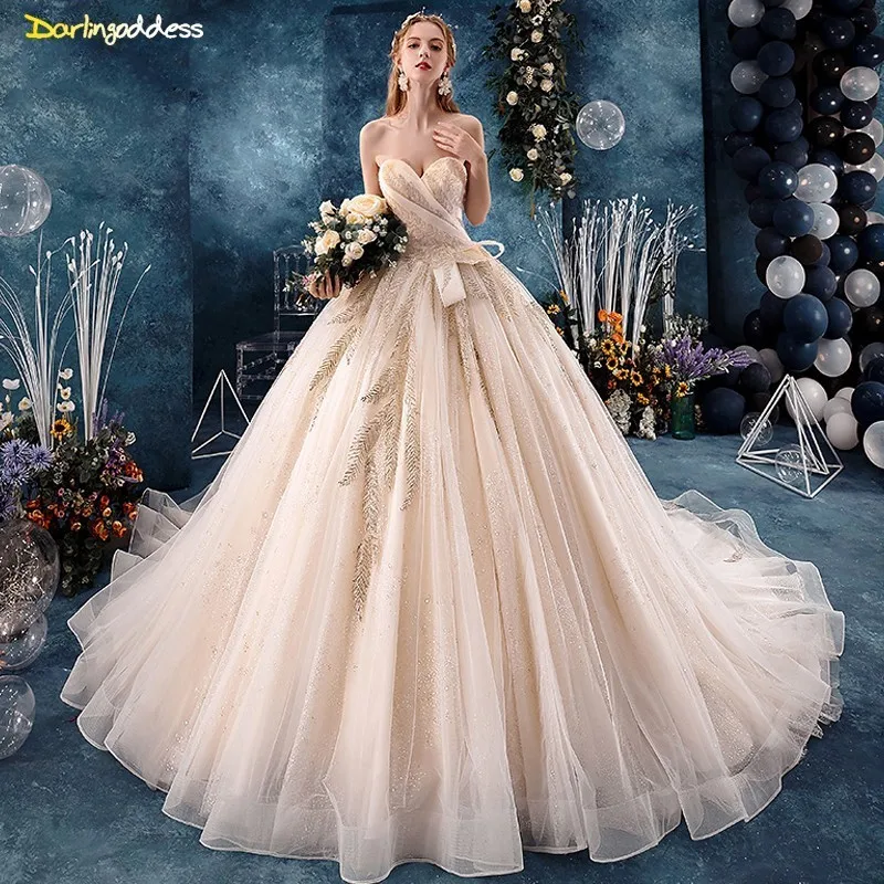 

Vestidos De Noiva Ball Gown Robe De Mariage Strapless Gold Lace Plus Size Bridal Gown Champagne Princess Wedding Dress 2019