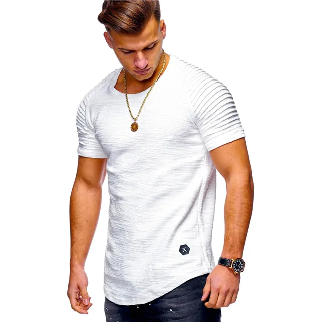 LeeLion, летняя мужская футболка, одноцветная, в полоску, короткий рукав, облегающая футболка, модная, складка, дизайн, на каждый день, для фитнеса, топы, Homme, футболка - Цвет: White