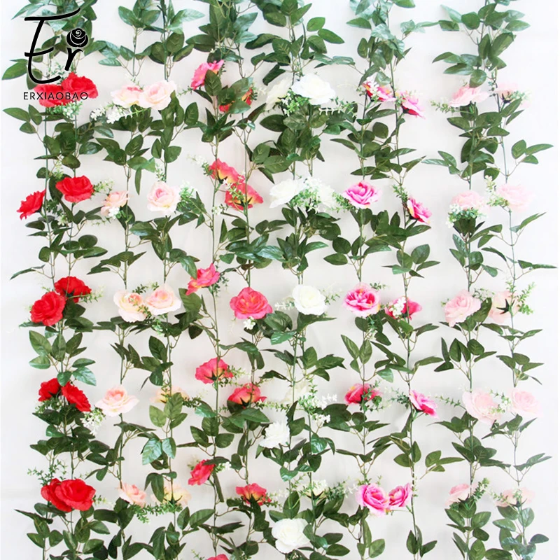 

Erxiaobao 210CM 10 Heads Pink Red White Rose Artificial Flowers Fake Silk Flower String Vine Home Party Wedding Wall Decor