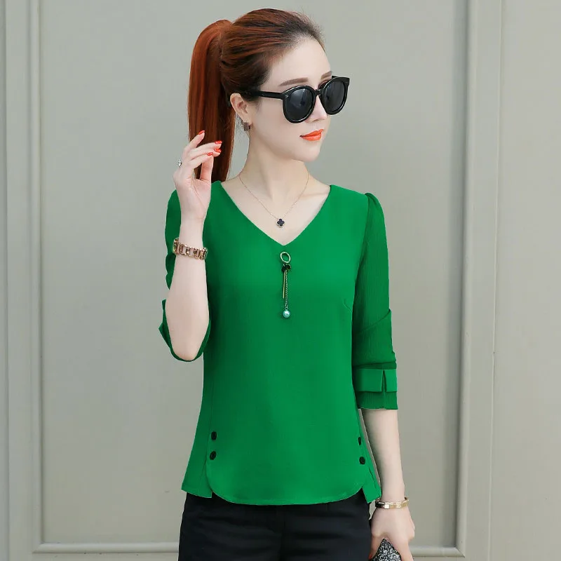 Женская шифоновая блуза с длинным рукавом и круглым вырезом|Рубашки| |