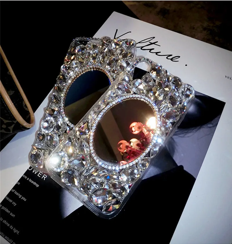 

Shiny Girl Lady Handmade Case For Samsung Galaxy S10 Plus S7edge S8 S9 Plus Note 8 Note9 Silver Crystal Diamond Phone Case Cover