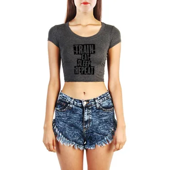 

Womens Train Eat Sleep Repeat Fitness Workout Crop Tops T Shirts