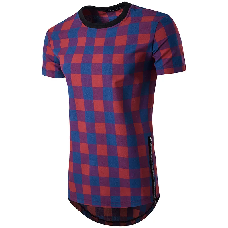 Мужская футболка на молнии, Удлиненный топ в стиле хип-хоп, Повседневная хлопковая клетчатая футболка, Звездный топ-безрукавка в уличном стиле, мужская летняя футболка - Цвет: B53 blue