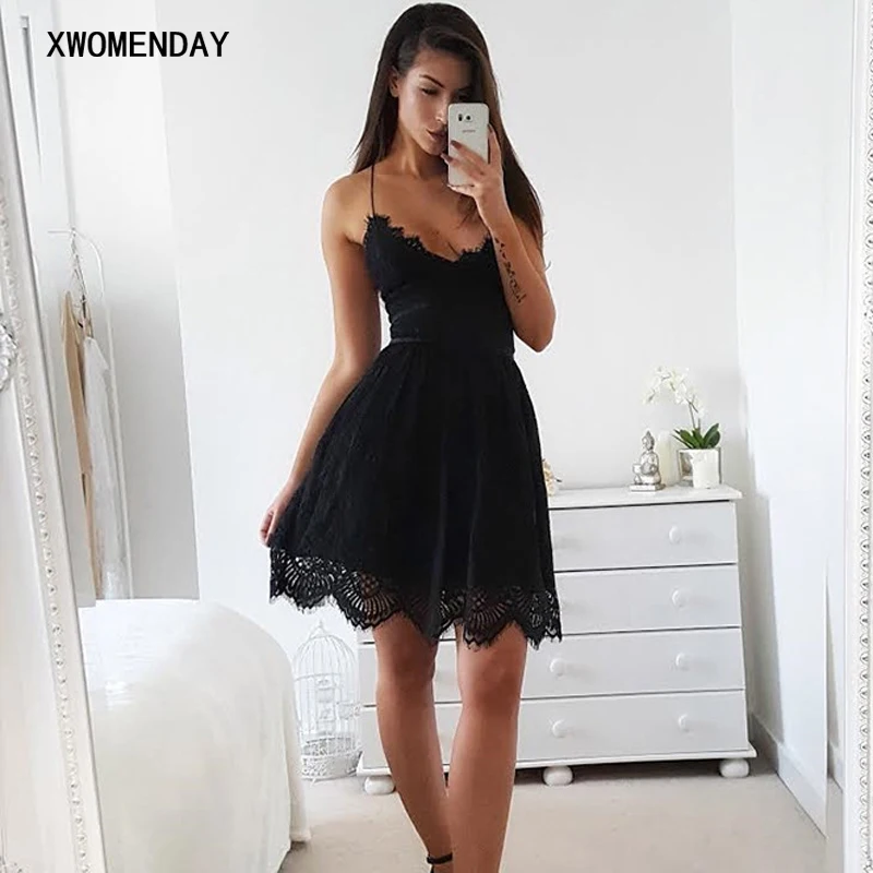 

Women Casual Bandage Spaghetti Strap Midi Dress 2019 Summer Party Dress Sexy White Pink Deep V Neck Backless Lace Short Dress