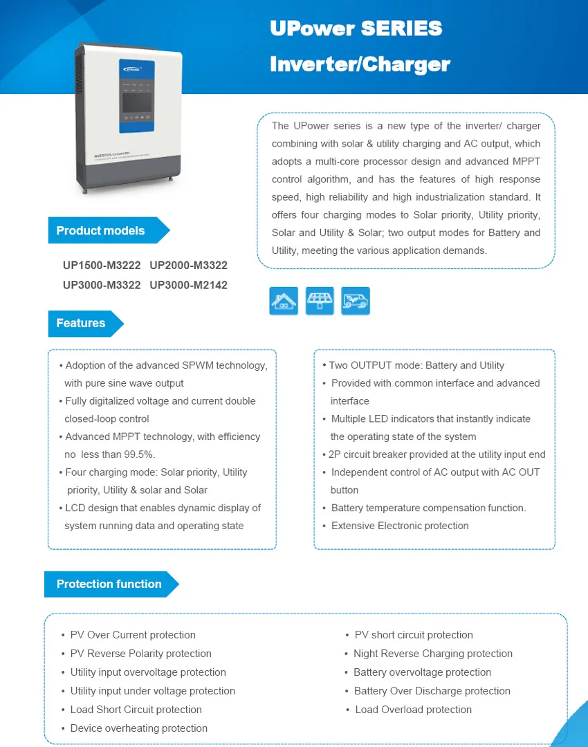 EPever UPower Series New Inverter&Charger Combining 24V/48V Battery Charging MPPT Solar AC output 220V/230V