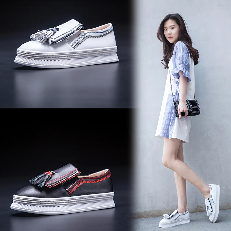 VANGULL Genuine Leather shoes spring and autumn cow leather flat bottom loafers Muffin bottom tassel sports casual