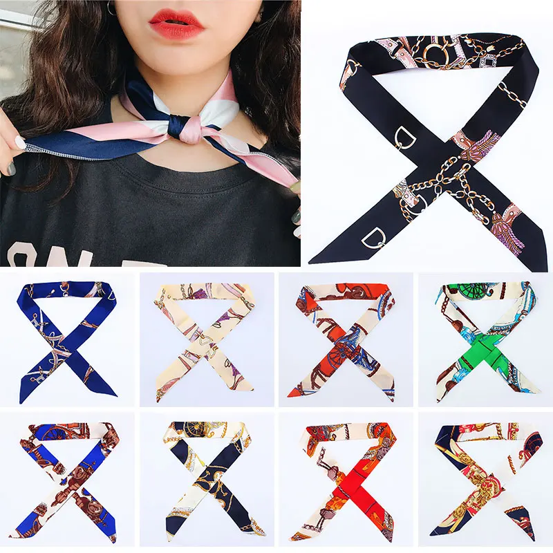 

Women Multi-Use Silk Summer Bow Tie Decoration Wrist Strap Banded Belt Cartoon Floral Headband Handle Bag Long Ribbon Scarves