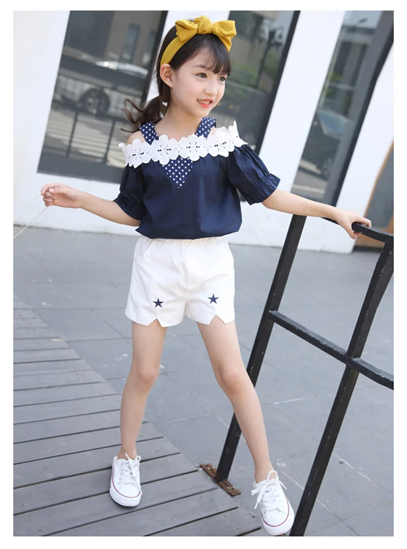 summer girls clothing sets children off-the-shoulder lace shorts pant two-piece girls clothing suit (6)