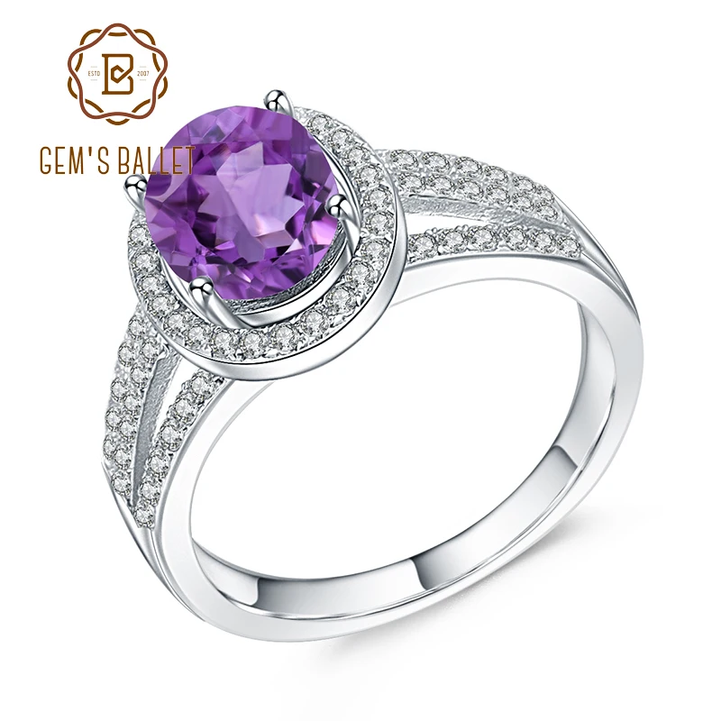 

GEM'S BALLET 1.79Ct Natural Purple Amethyst Birthstone Solitaire Ring 925 Sterling Silver Gemstone Ring Fine Jewelry For Women
