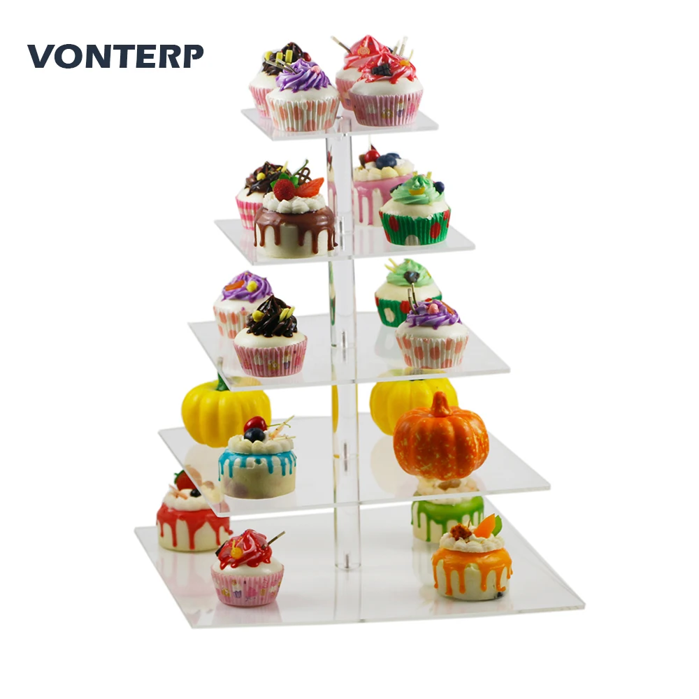 

HMROVOOM 1PC square 5 Tier Acrylic Cupcake Display Stand /acrylic cake stand/Cake holder 5 Tier Square(4.7" between 2 layers)