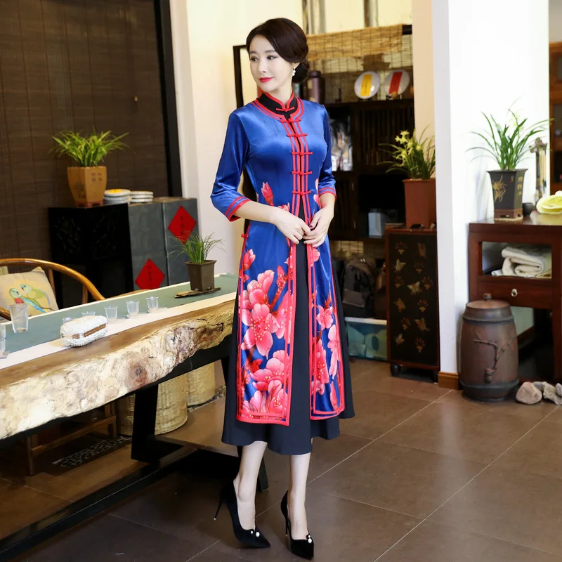 Синий Двухсекционный бархат Китайский воротник Qipao вьетнамское аозай Длинные Cheongsam Сексуальные женские длинные вечерние платья плюс размер 4XL YZT120805