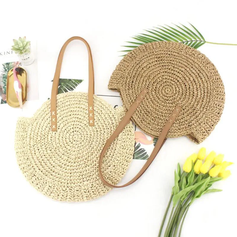 

50pcs/lot New Retro Rattan Woven Straw Round Casual Handbag Women Shoulder Bag Summer Beach Bag Messenger Totes