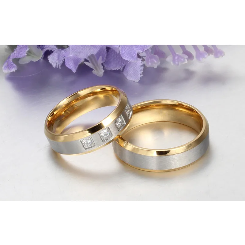 Meaeguet 1 Pair Stainless Steel Couple Ring Set For Women Men Gold-color Wedding Engagement Jewelry