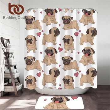 

BeddingOutlet Hippie Pug Shower Curtain Set Animal Cartoon Bathroom Curtain With Mat Bulldog Waterproof cortina de ba o 2pcs