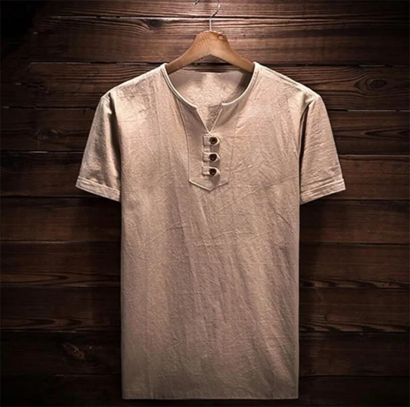 Льняные рубашки с коротким рукавом, мужские традиционные китайские льняные рубашки с v-образным вырезом, тонкие повседневные льняные рубашки для мужчин размера плюс M-6XL - Цвет: Хаки
