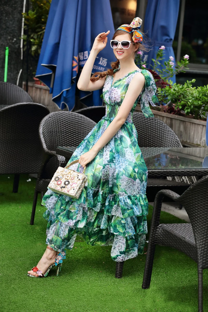 CAMIA летнее зеленое многослойное платье с цветочным принтом, с v-образным вырезом, эластичное, с кружевом, короткий рукав, тонкая талия, бант, большой подол, длинное платье