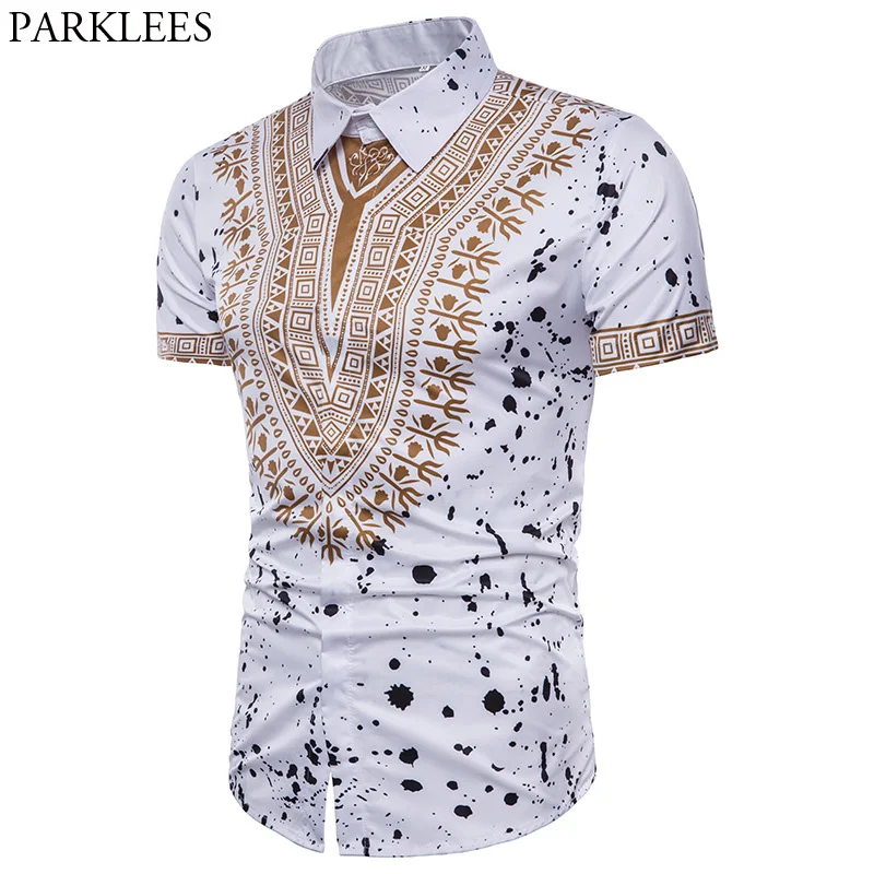 

3D Splash Ink African Dashiki Print White Shirt Men 2018 Brand New Slim Fit Short Sleeve Chemise Homme Casual Mens Dress Shirts