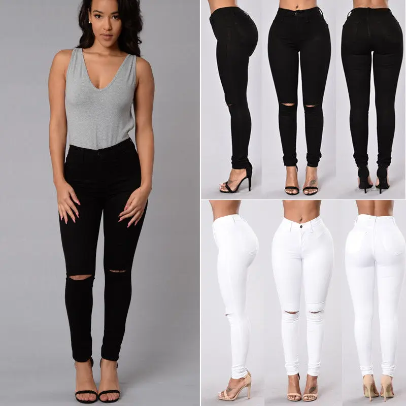 

Fashion Womens High Waist Destroyed Ripped Slim Denim Long Pants Hole Boyfriend Jeans Solid Black White Trousers Size S-XL