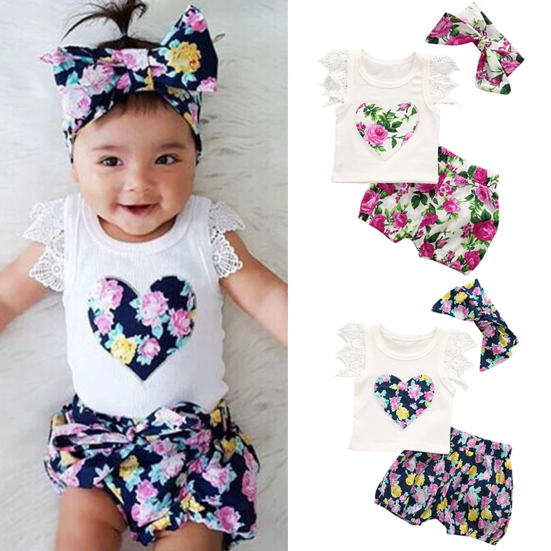 Summer Newborn Baby Girl Clothes Floral Tank Top +bow knot Shorts 3PCS