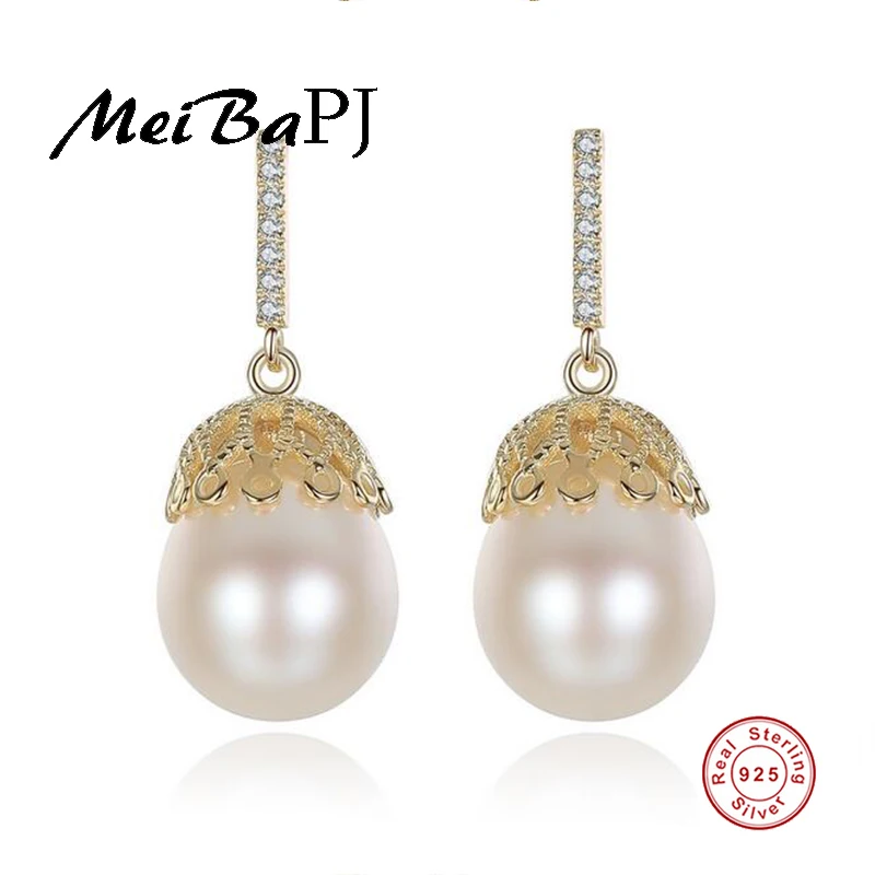 

[MeiBaPJ]Luxurious Natural Pearl Earrings Real 925 Sterling Silver Drop Earrings for Women SY