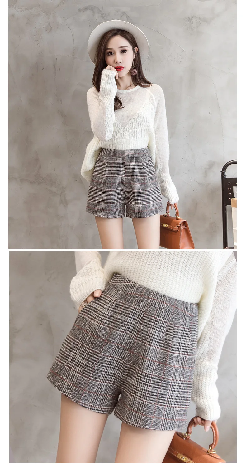 Vintage Plaid Shorts Women High Waist Shorts Fashion Pockets Straight Short Pants Autumn Winter Casual Slim Fit Wool Short