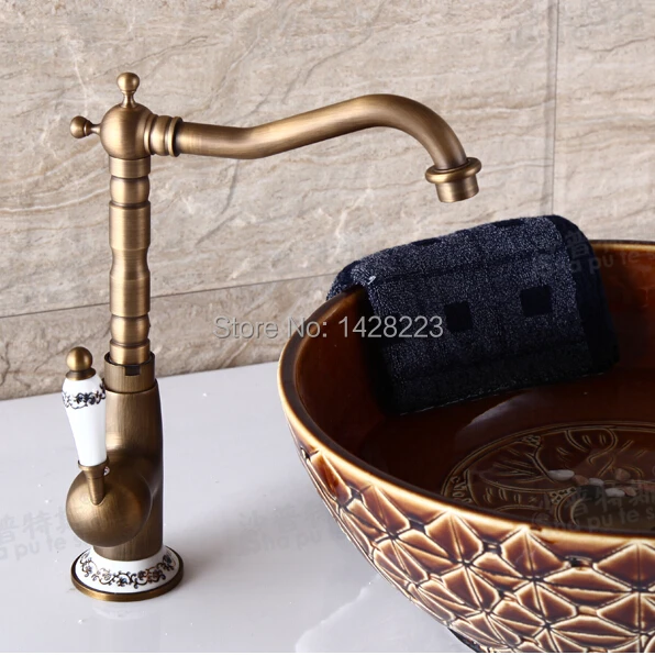 Retro Style Brass Tall Long Neck Bathroom Basin Mixer Taps Deck Mounted Single Ceramic Handle Basin