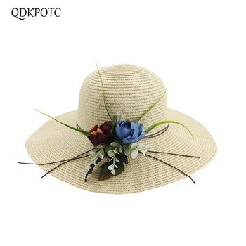 

QDKPOTC 2019 Hot Sale Wide Brim Sun Hats Summer Straw Hat Women With Leisure Beach Hats Round Top Flower Cap Girl Outdoor Visor