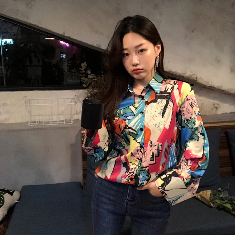  Cheerart Print Vintage Blouse Color Block Women Shirts Colorful Abstract Painting Print Long Sleeve