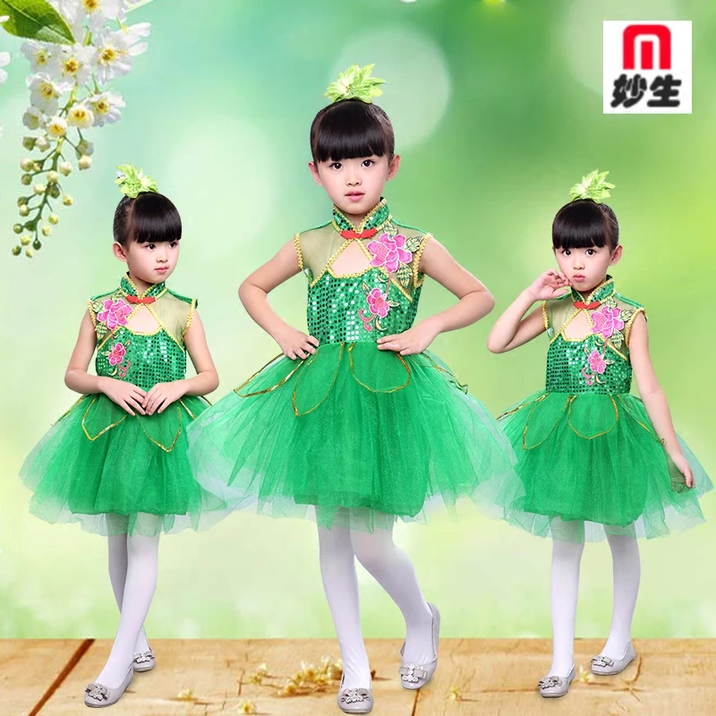 

Children jasmine dance dress green lotus dance Stage groups performing costumes Festival performance Ballet dress