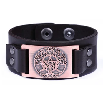 

5PCS Odin Symbol Wide Real Leather Bracelets Life Of Tree Viking Bangle Hexagram Bangle Hexa Adjustable Bangle Men Jewelry