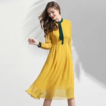 

Chiffon Dress Women Spring Summer 2019 New Yellow Dot Patchwork Stand Collar Long Sleeved Slim A-Line Casual Dress Over The Knee
