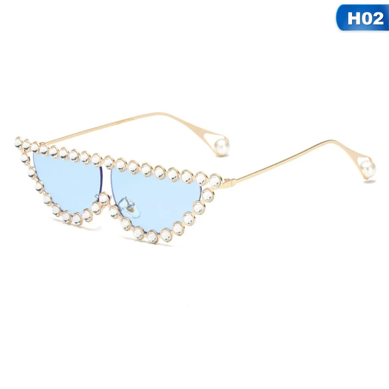 Алмазные крошечные жемчужные оправа «кошачий глаз» Солнцезащитные очки женские винтажные треугольные оттенки солнцезащитные очки со стразами для женщин из металла UV400 - Цвет линз: 2