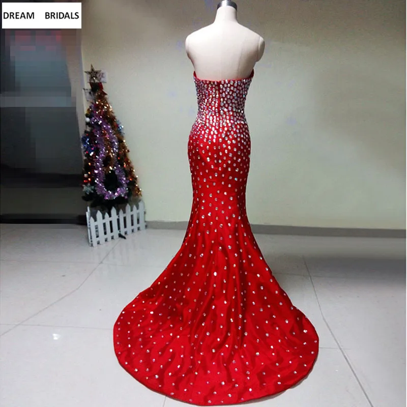 2019 Free Shipping Robe de Soiree Strass Red Mermaid Dress Evening Formal Gowns Sleeveless Sequined Prom Dresses Long Prom Dresses