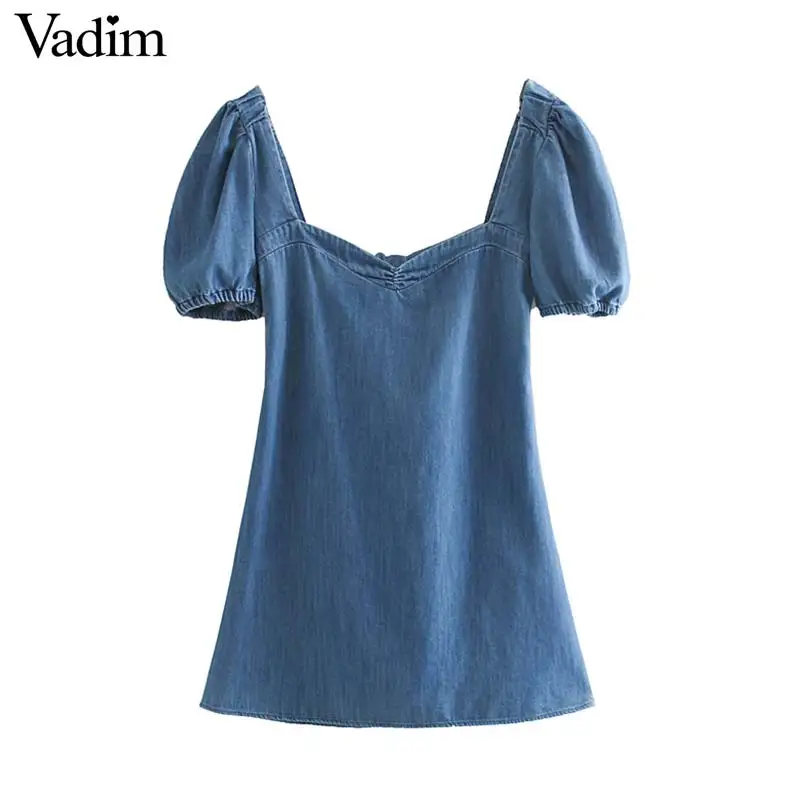 

Vadim women vintage denim mini dress back zipper bow tie cut out puff sleeve female casual vintage dresses vestido mujer QC325