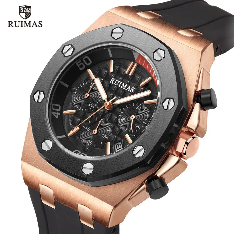 

RUIMAS 24 Hours Chronograph Quartz Watches Men Top Brand Luxury Waterproof Wristwatch Man Army Relogios Masculino Clock R540Rose