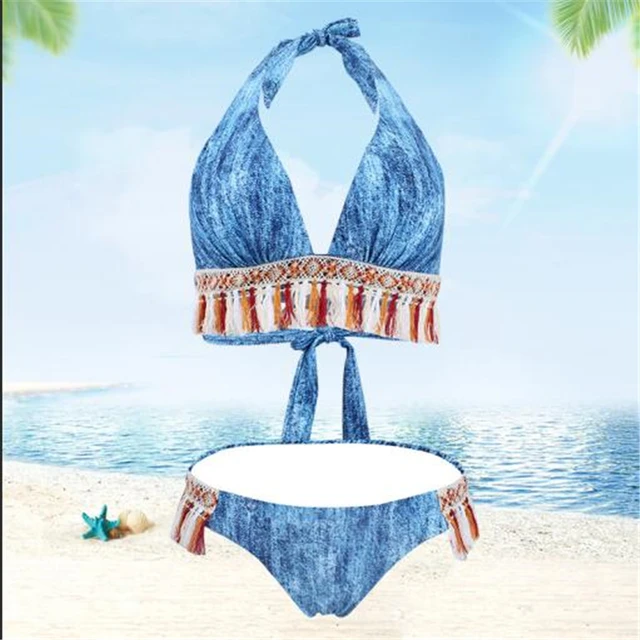 Denim sexy swimsuit 2019 Swimwear women bikini set Tassel bikinis
