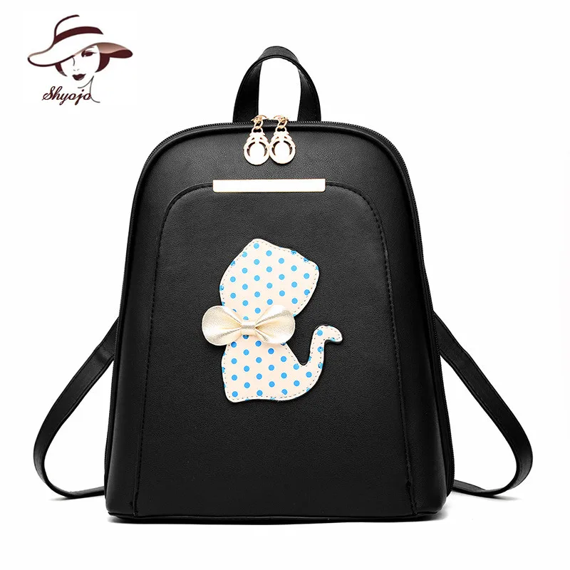 

SHYOJO Girl Backpack Casual Women Bag PU Leather Travel Bags School Student Book Bag Cat Bowknot Satchel Famous Brand Mochila