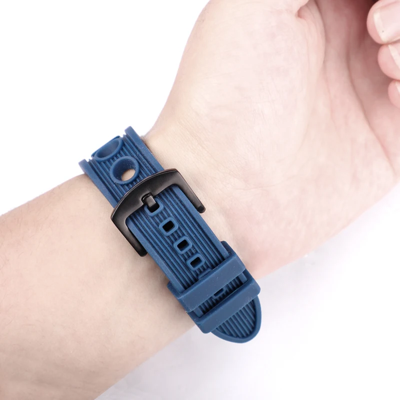Men's Soft Diving Watch Band with Metal Pin Buckle in Black and Blue Rubber
