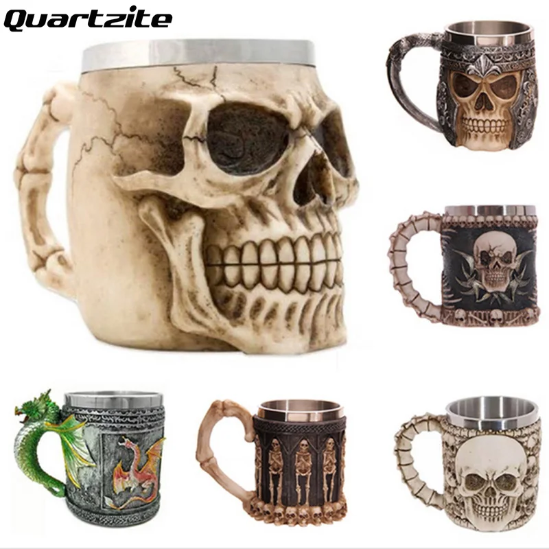 

Personalized Double Wall Stainless Steel 3D Skull Mugs Coffee Tea Bottle Mug Skull Knight Tankard Dragon Drinking Kup Milk