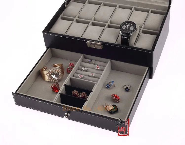 Черная кожа 12 Мужские часы коробка с ювелирных изделий дисплей ящик с замком чехол для часов Органайзер