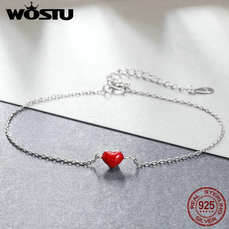

WOSTU Real 925 Sterling Silver Trendy Enamel Red Heart Bracelet For Women Authentic Silver Chain Engagement Fine Jewelry FMB016