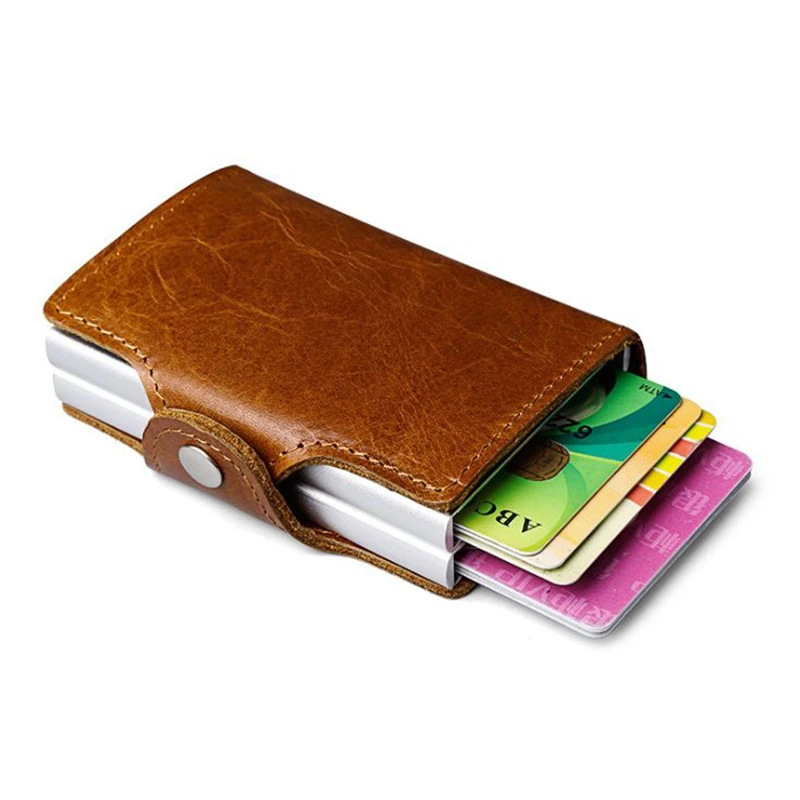 2019 Men women Genuine Leather Double Metal Credit Card Holders Aluminium RFID Blocking Wallets ...