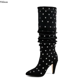 

Olomm New Women Knee High Winter Boots Spike Heel Boots Stylish Sexy Rivets Pointed Toe Black Party Shoes Women US Size 3-10.5