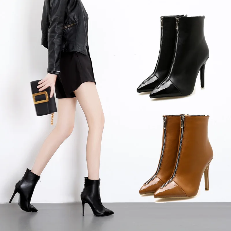 

2019 Fashion Women 10cm High Heels Ankle Leather Brown Boots Sexy Fetish Heels Winter Scarpins Short Boots Stiletto Zipper Shoes
