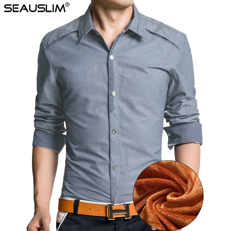 SEAUSLIM Winter Shirt Men Long Sleeve Slim Fit Shirts Business Causual ...