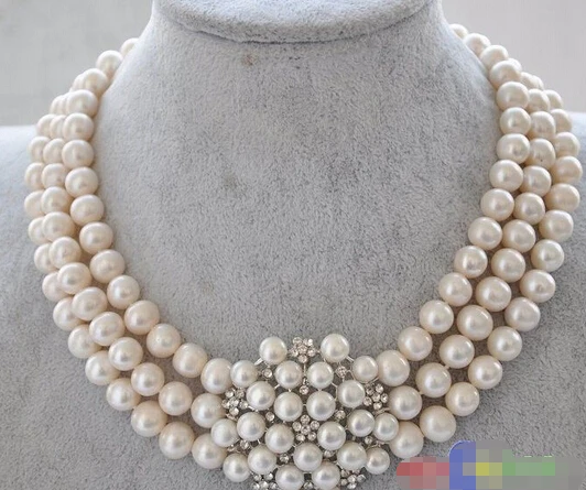 

FREE SHIPPINGp3494 3row 9mm round white Freshwater cultured pearl flower necklace