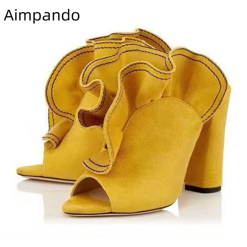

Individual Orange Ruffles Catwalk High Heel Shoes Woman Chunky Heel Sexy Peep Toe Slingback Mules New Spring Pumps Women
