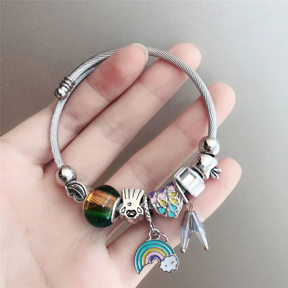 Bohemian Rainbow Heart Lips Charm Stainless Steel Bracelets & Bangles for Women Beads Handmade Charm Bracelet Boho  Jewelry B50