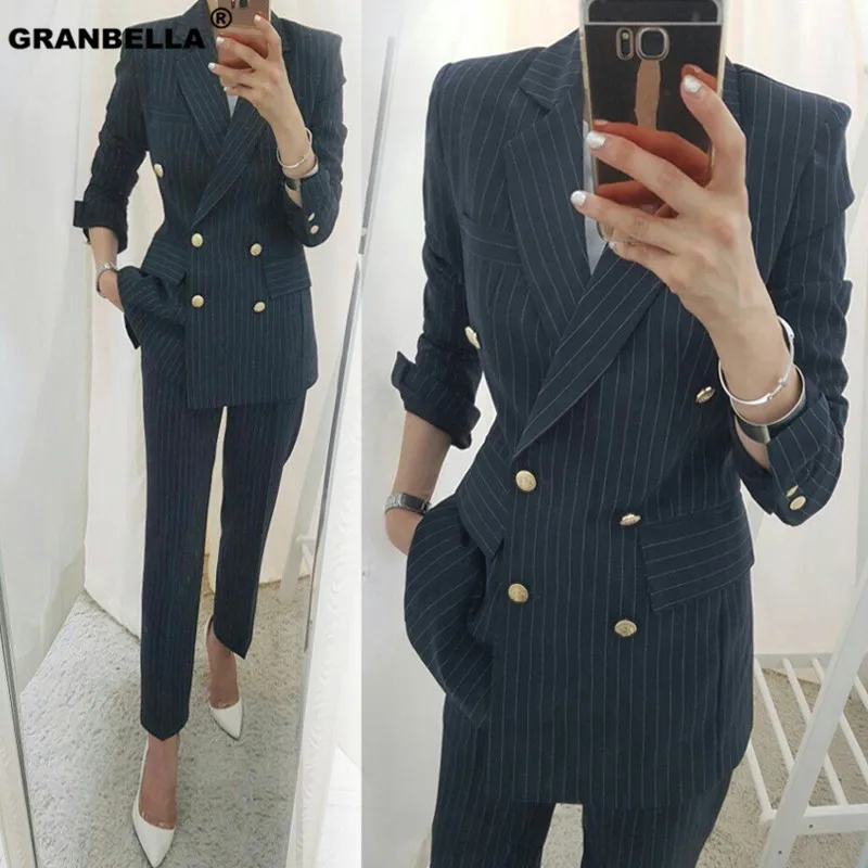 

OL Style Work Women Pant Suits 2 Piece Sets Outfits Double Breasted Striped Blazer Jacket & Trousers Office Lady Suit Feminino
